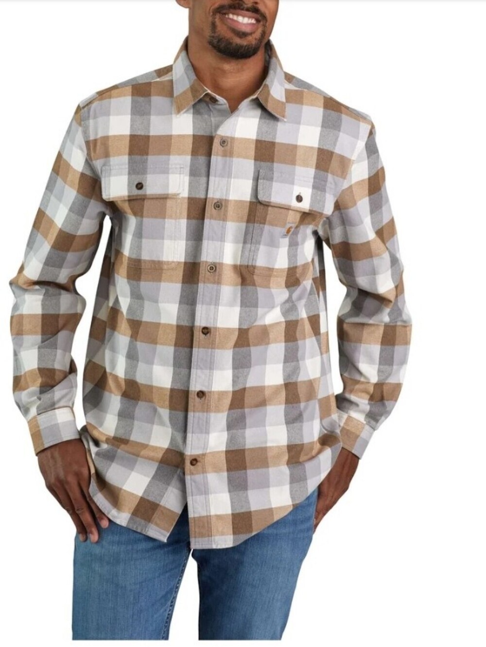 Carhartt Mens Loose Fit Heavyweight Flannel Button Down Plaid Shirt Tan Gray 2XL